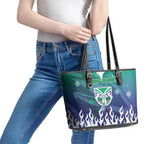 Personalized New Zealand Warriors Leather Tote Bag Y2K Grunge Aesthetic With Cyber Flames and Starburst Graphics