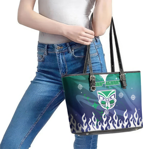 Personalized New Zealand Warriors Leather Tote Bag Y2K Grunge Aesthetic With Cyber Flames and Starburst Graphics