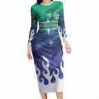 Personalized New Zealand Warriors Long Sleeve Bodycon Dress Y2K Grunge Aesthetic With Cyber Flames and Starburst Graphics