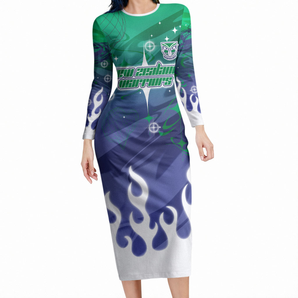 Personalized New Zealand Warriors Long Sleeve Bodycon Dress Y2K Grunge Aesthetic With Cyber Flames and Starburst Graphics