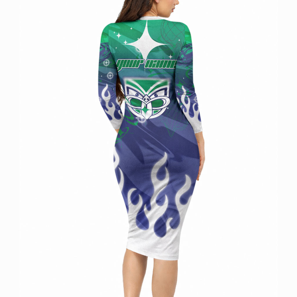 Personalized New Zealand Warriors Long Sleeve Bodycon Dress Y2K Grunge Aesthetic With Cyber Flames and Starburst Graphics