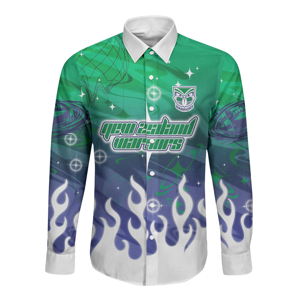 Personalized New Zealand Warriors Long Sleeve Button Shirt Y2K Grunge Aesthetic With Cyber Flames and Starburst Graphics