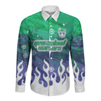 Personalized New Zealand Warriors Long Sleeve Button Shirt Y2K Grunge Aesthetic With Cyber Flames and Starburst Graphics