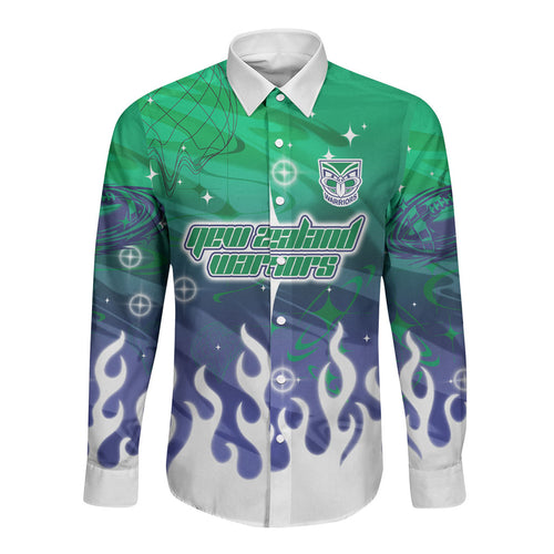 Personalized New Zealand Warriors Long Sleeve Button Shirt Y2K Grunge Aesthetic With Cyber Flames and Starburst Graphics