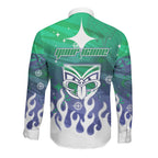 Personalized New Zealand Warriors Long Sleeve Button Shirt Y2K Grunge Aesthetic With Cyber Flames and Starburst Graphics