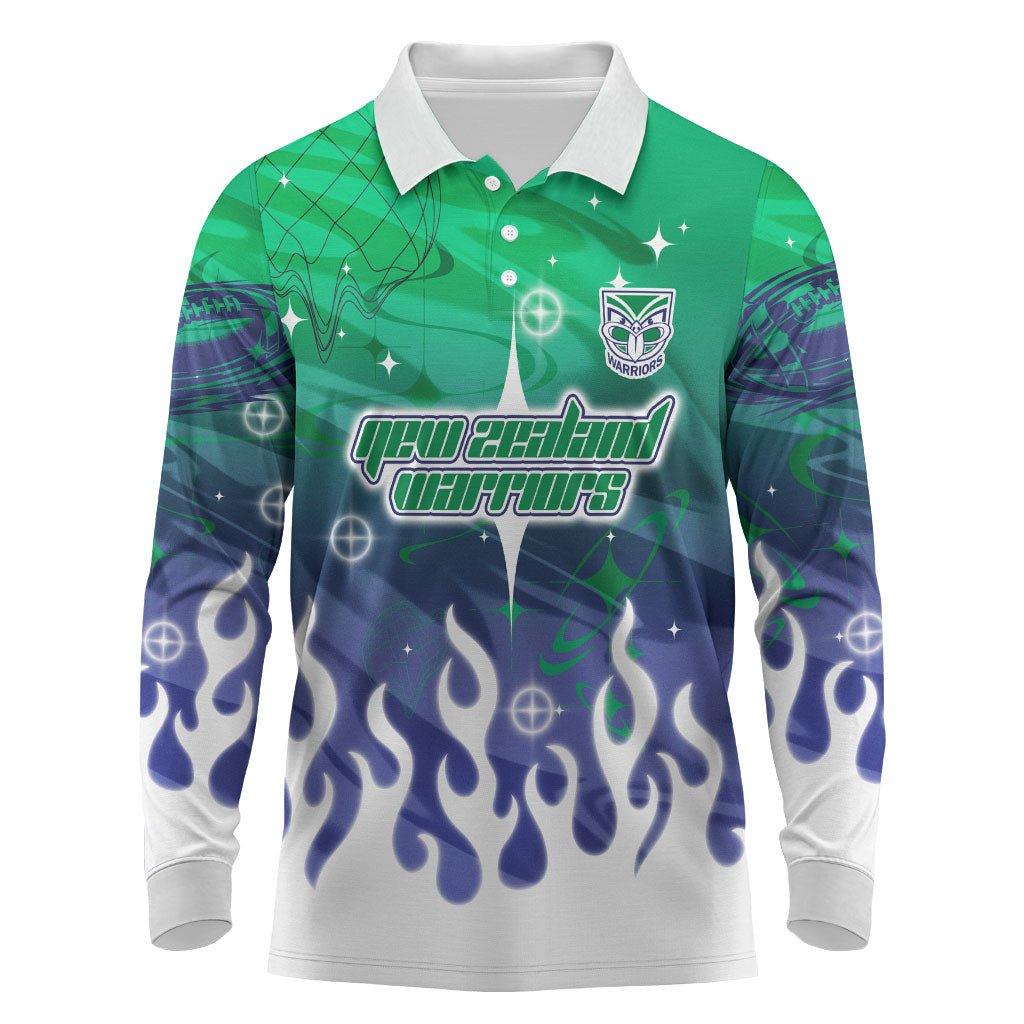 Personalized New Zealand Warriors Long Sleeve Polo Shirt Y2K Grunge Aesthetic With Cyber Flames and Starburst Graphics