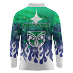 Personalized New Zealand Warriors Long Sleeve Polo Shirt Y2K Grunge Aesthetic With Cyber Flames and Starburst Graphics
