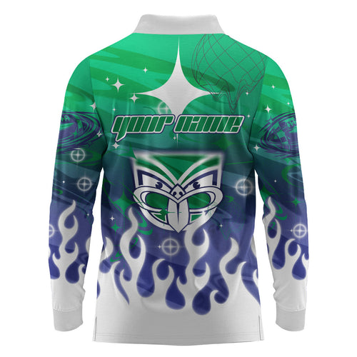 Personalized New Zealand Warriors Long Sleeve Polo Shirt Y2K Grunge Aesthetic With Cyber Flames and Starburst Graphics