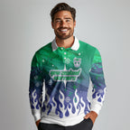 Personalized New Zealand Warriors Long Sleeve Polo Shirt Y2K Grunge Aesthetic With Cyber Flames and Starburst Graphics