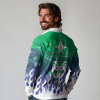 Personalized New Zealand Warriors Long Sleeve Polo Shirt Y2K Grunge Aesthetic With Cyber Flames and Starburst Graphics
