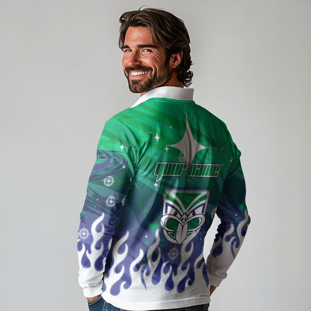 Personalized New Zealand Warriors Long Sleeve Polo Shirt Y2K Grunge Aesthetic With Cyber Flames and Starburst Graphics