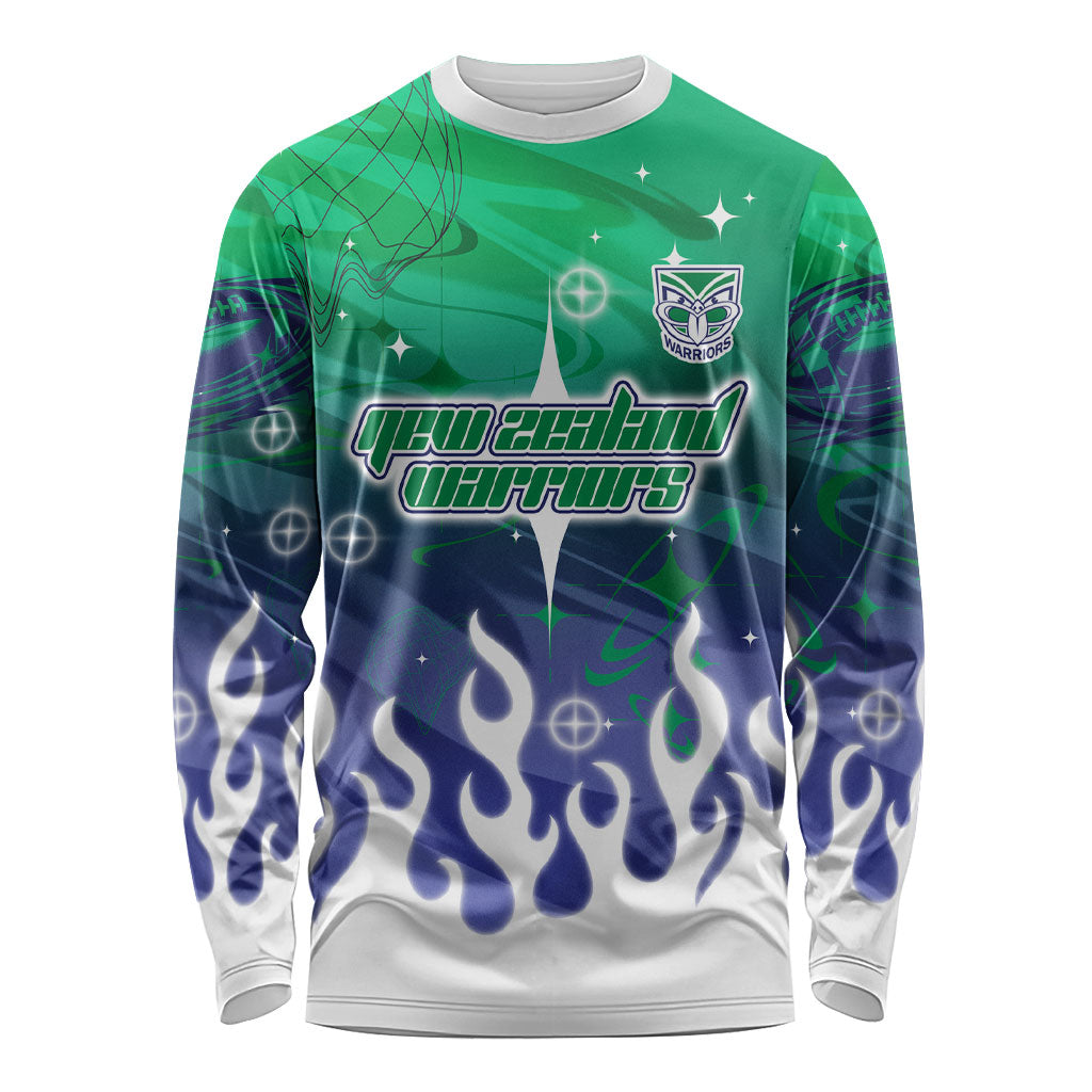 Personalized New Zealand Warriors Long Sleeve Shirt Y2K Grunge Aesthetic With Cyber Flames and Starburst Graphics