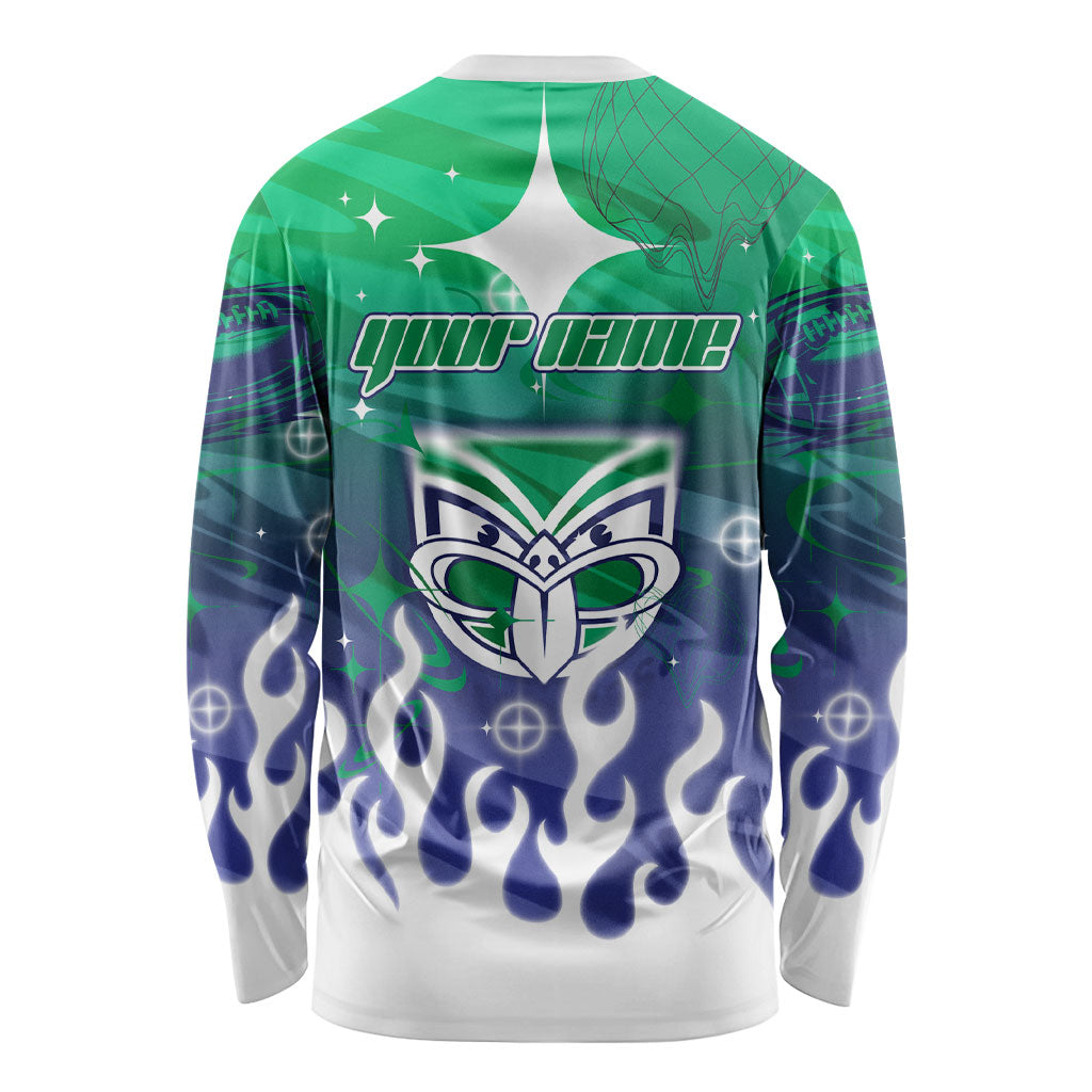 Personalized New Zealand Warriors Long Sleeve Shirt Y2K Grunge Aesthetic With Cyber Flames and Starburst Graphics