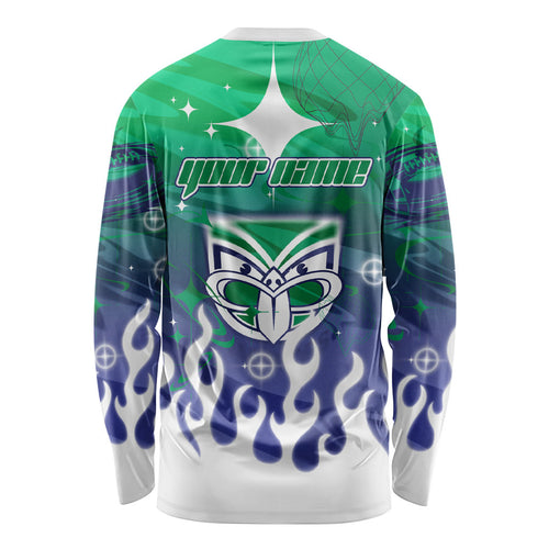 Personalized New Zealand Warriors Long Sleeve Shirt Y2K Grunge Aesthetic With Cyber Flames and Starburst Graphics