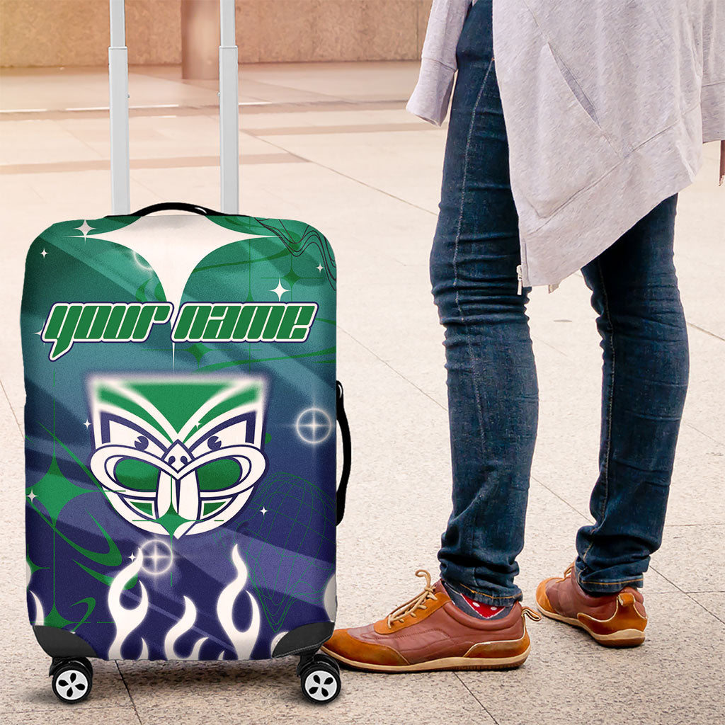 Personalized New Zealand Warriors Luggage Cover Y2K Grunge Aesthetic With Cyber Flames and Starburst Graphics