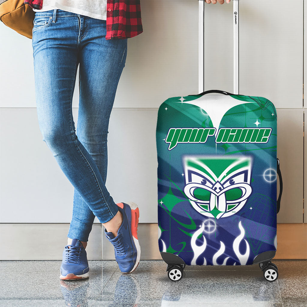 Personalized New Zealand Warriors Luggage Cover Y2K Grunge Aesthetic With Cyber Flames and Starburst Graphics