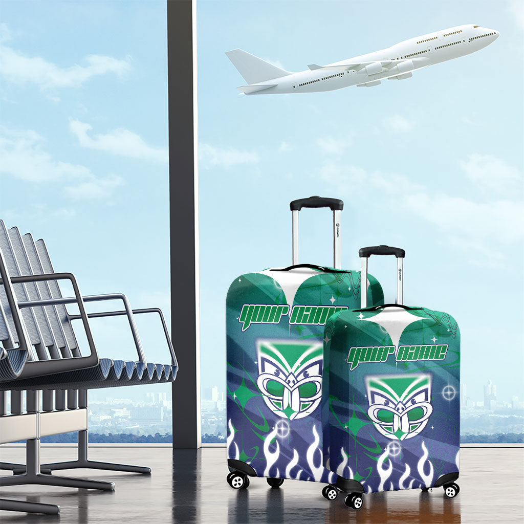 Personalized New Zealand Warriors Luggage Cover Y2K Grunge Aesthetic With Cyber Flames and Starburst Graphics