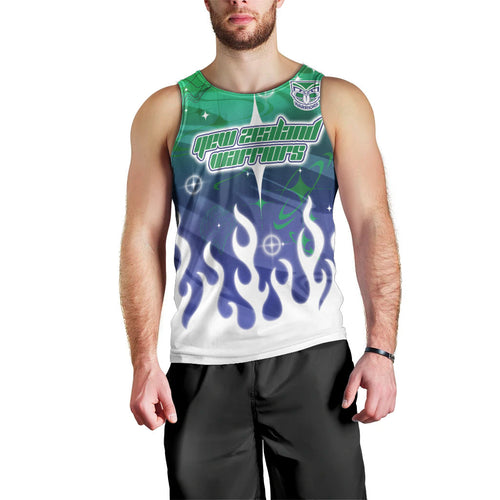 Personalized New Zealand Warriors Men Tank Top Y2K Grunge Aesthetic With Cyber Flames and Starburst Graphics