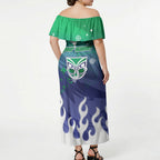 Personalized New Zealand Warriors Off Shoulder Maxi Dress Y2K Grunge Aesthetic With Cyber Flames and Starburst Graphics