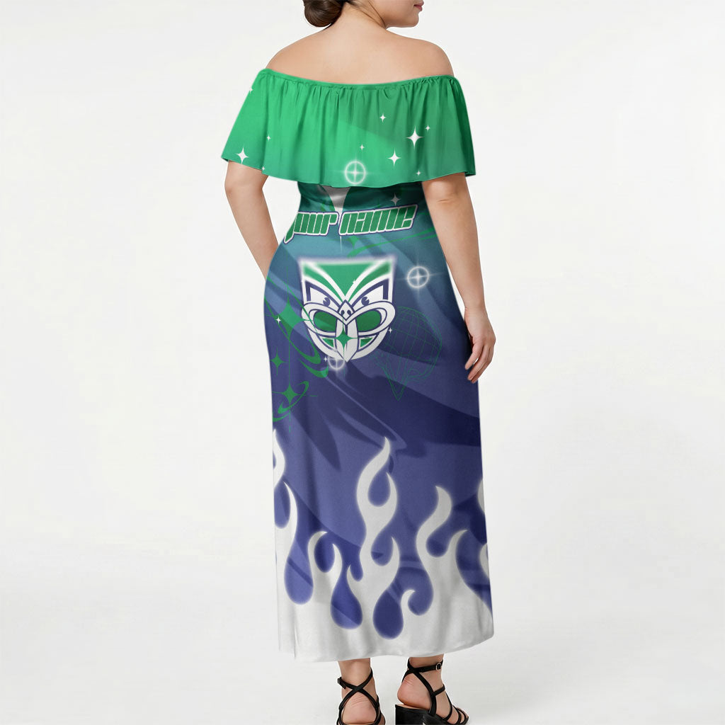 Personalized New Zealand Warriors Off Shoulder Maxi Dress Y2K Grunge Aesthetic With Cyber Flames and Starburst Graphics