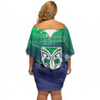 Personalized New Zealand Warriors Off Shoulder Short Dress Y2K Grunge Aesthetic With Cyber Flames and Starburst Graphics