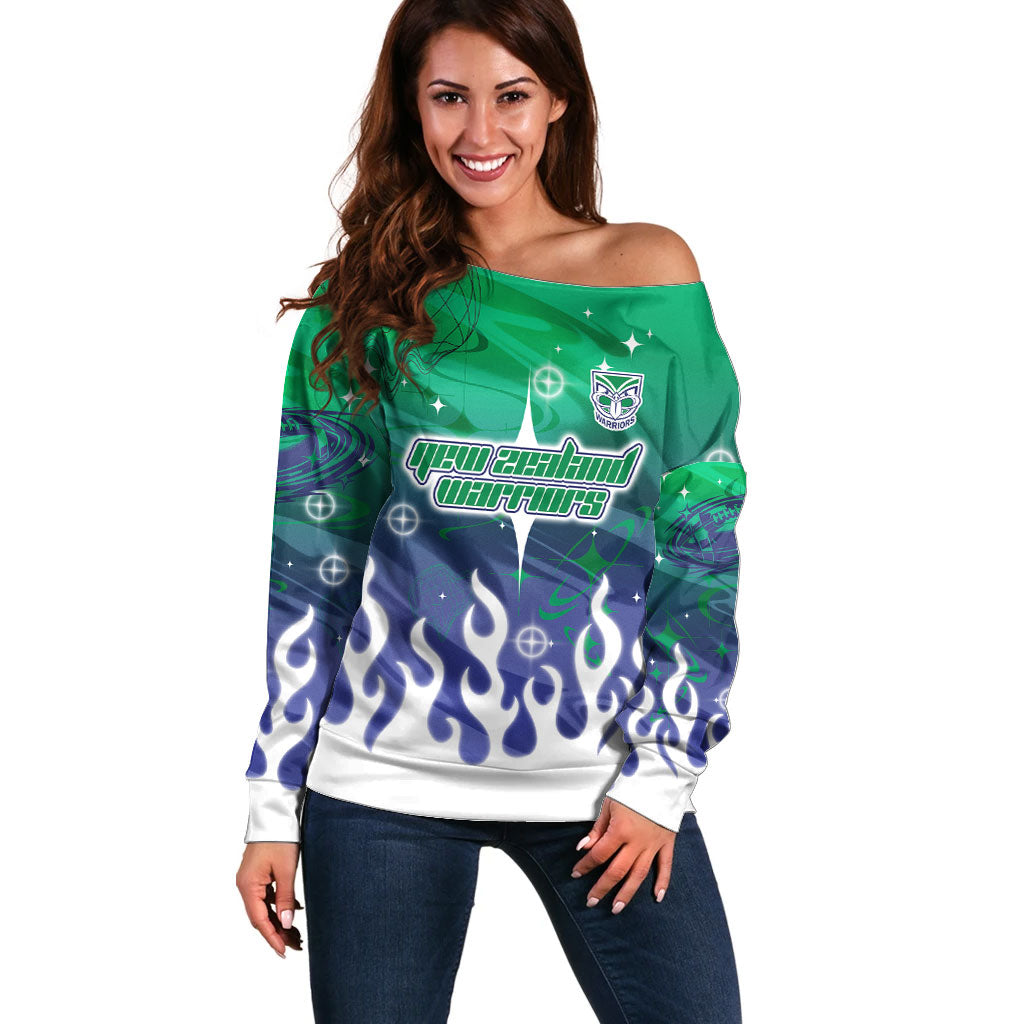 Personalized New Zealand Warriors Off Shoulder Sweater Y2K Grunge Aesthetic With Cyber Flames and Starburst Graphics