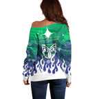 Personalized New Zealand Warriors Off Shoulder Sweater Y2K Grunge Aesthetic With Cyber Flames and Starburst Graphics