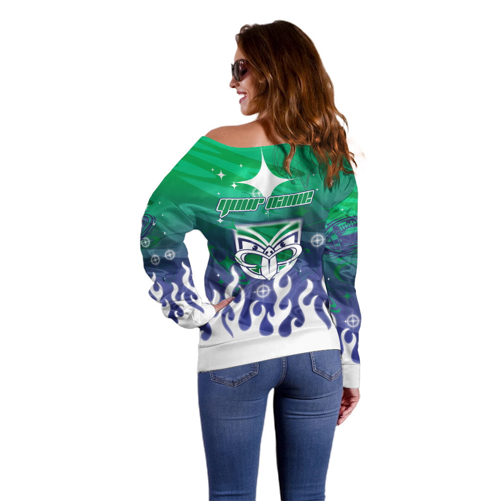 Personalized New Zealand Warriors Off Shoulder Sweater Y2K Grunge Aesthetic With Cyber Flames and Starburst Graphics