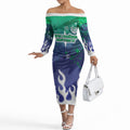 Personalized New Zealand Warriors Off The Shoulder Long Sleeve Dress Y2K Grunge Aesthetic With Cyber Flames and Starburst Graphics