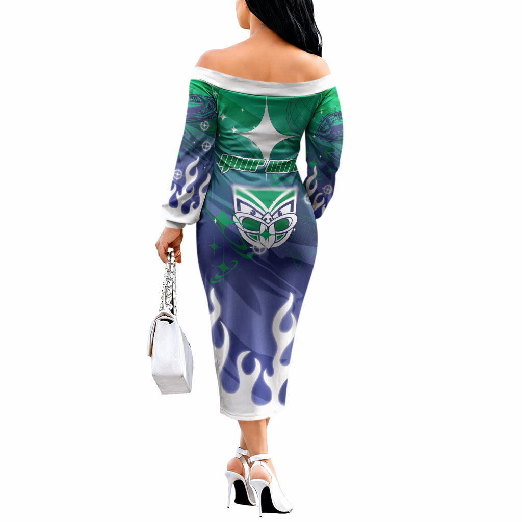 Personalized New Zealand Warriors Off The Shoulder Long Sleeve Dress Y2K Grunge Aesthetic With Cyber Flames and Starburst Graphics