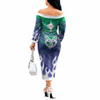 Personalized New Zealand Warriors Off The Shoulder Long Sleeve Dress Y2K Grunge Aesthetic With Cyber Flames and Starburst Graphics
