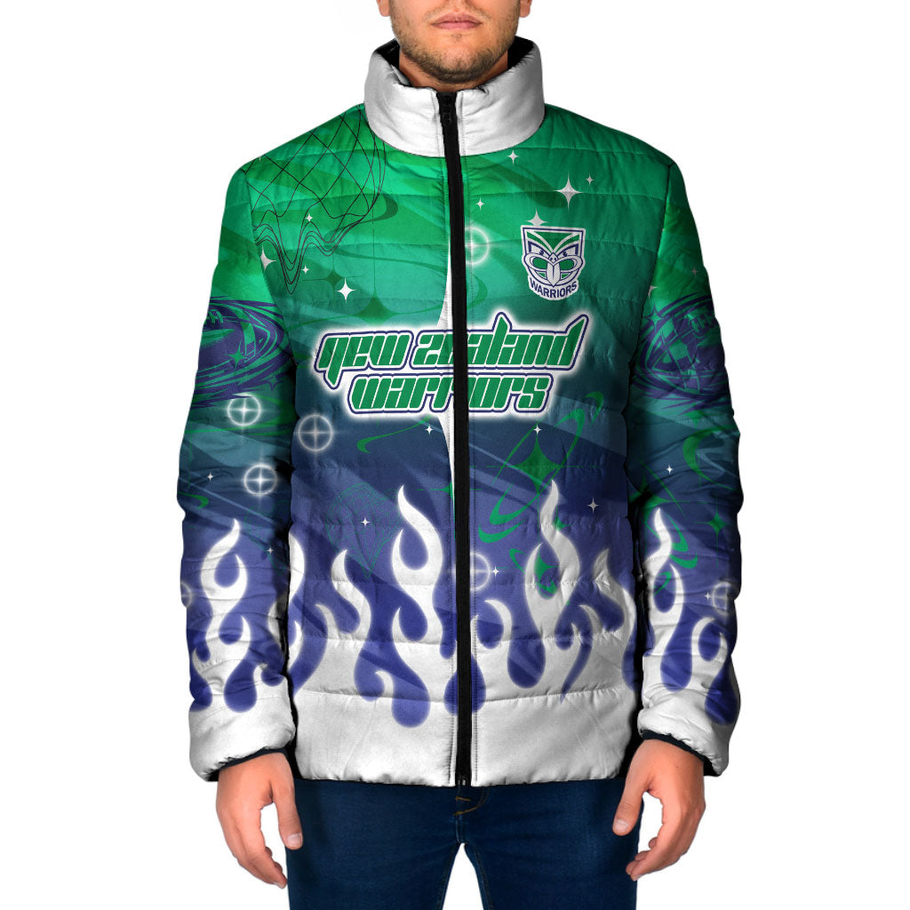 Personalized New Zealand Warriors Padded Jacket Y2K Grunge Aesthetic With Cyber Flames and Starburst Graphics