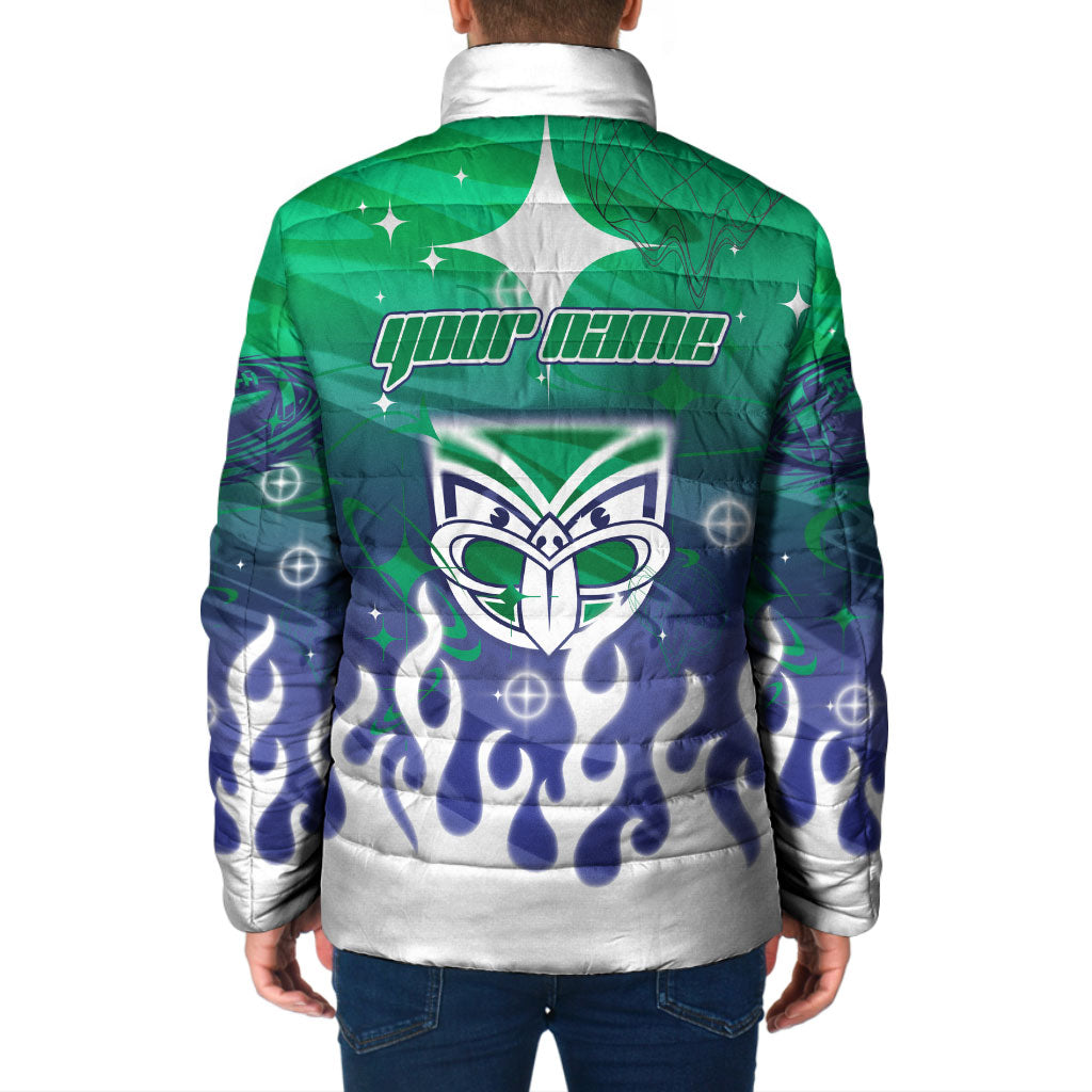 Personalized New Zealand Warriors Padded Jacket Y2K Grunge Aesthetic With Cyber Flames and Starburst Graphics