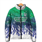 Personalized New Zealand Warriors Padded Jacket Y2K Grunge Aesthetic With Cyber Flames and Starburst Graphics