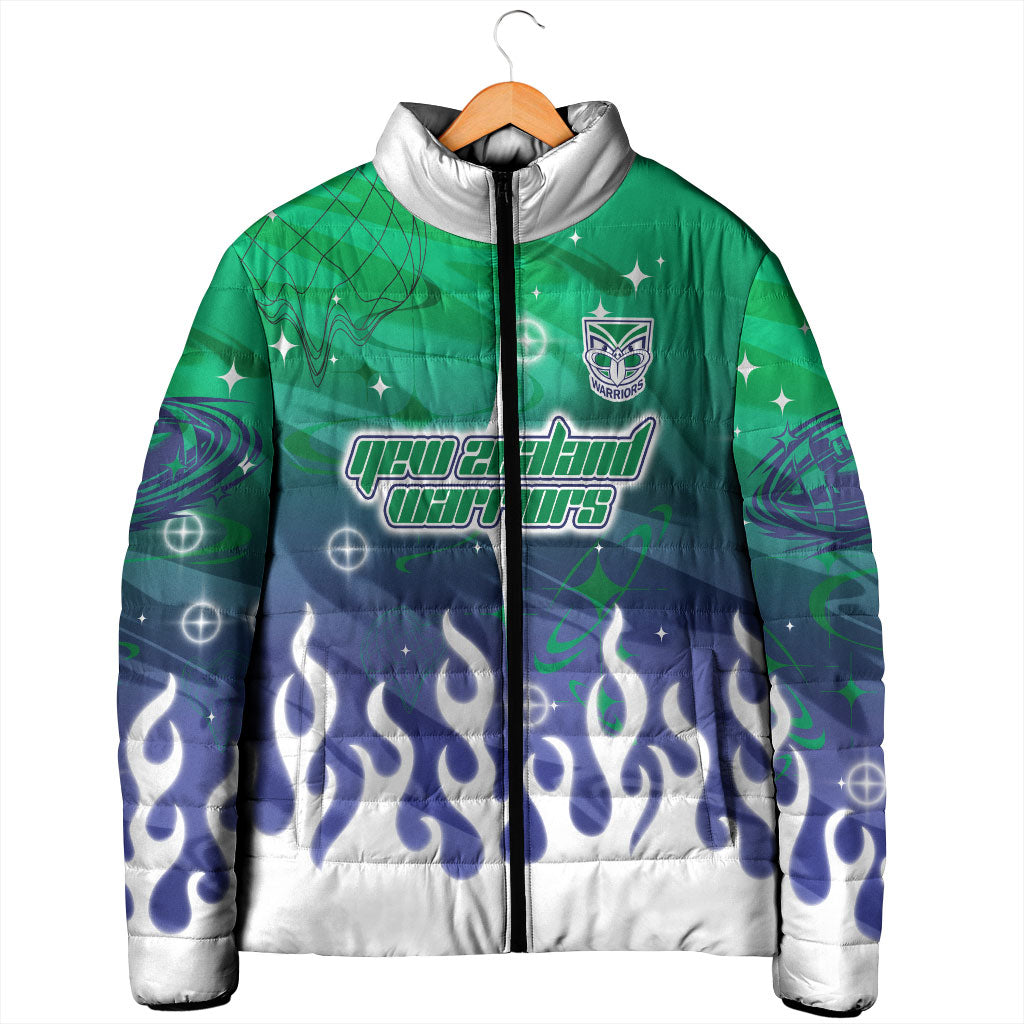 Personalized New Zealand Warriors Padded Jacket Y2K Grunge Aesthetic With Cyber Flames and Starburst Graphics
