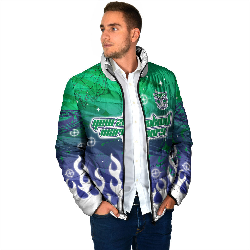 Personalized New Zealand Warriors Padded Jacket Y2K Grunge Aesthetic With Cyber Flames and Starburst Graphics