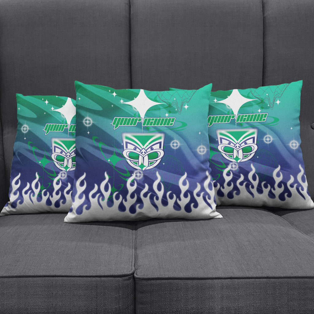 Personalized New Zealand Warriors Pillow Cover Y2K Grunge Aesthetic With Cyber Flames and Starburst Graphics