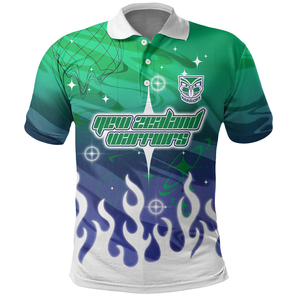 Personalized New Zealand Warriors Polo Shirt Y2K Grunge Aesthetic With Cyber Flames and Starburst Graphics