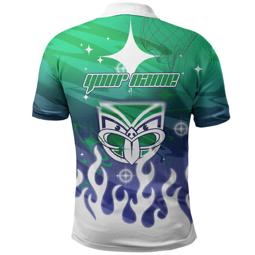 Personalized New Zealand Warriors Polo Shirt Y2K Grunge Aesthetic With Cyber Flames and Starburst Graphics