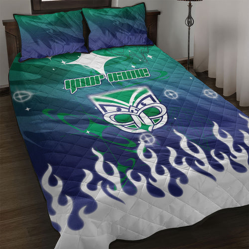 Personalized New Zealand Warriors Quilt Bed Set Y2K Grunge Aesthetic With Cyber Flames and Starburst Graphics