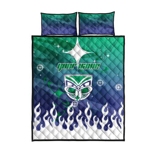 Personalized New Zealand Warriors Quilt Bed Set Y2K Grunge Aesthetic With Cyber Flames and Starburst Graphics
