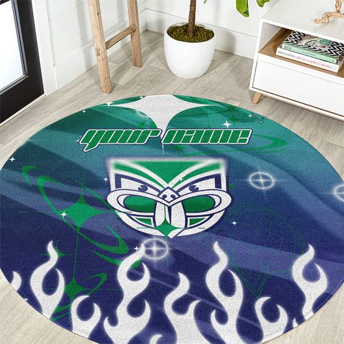 Personalized New Zealand Warriors Round Carpet Y2K Grunge Aesthetic With Cyber Flames and Starburst Graphics