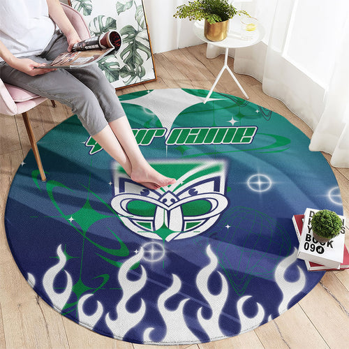 Personalized New Zealand Warriors Round Carpet Y2K Grunge Aesthetic With Cyber Flames and Starburst Graphics