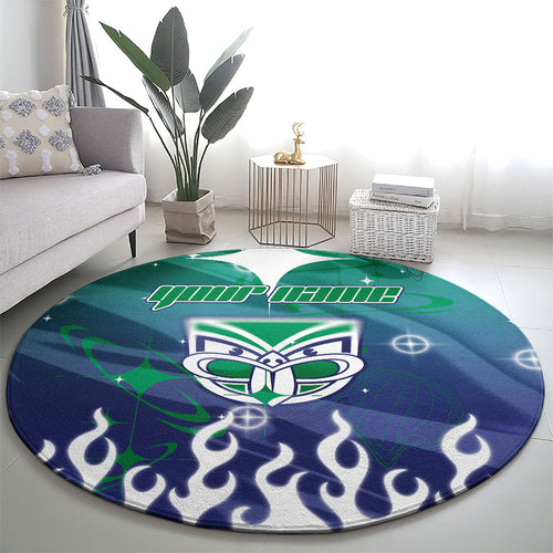 Personalized New Zealand Warriors Round Carpet Y2K Grunge Aesthetic With Cyber Flames and Starburst Graphics