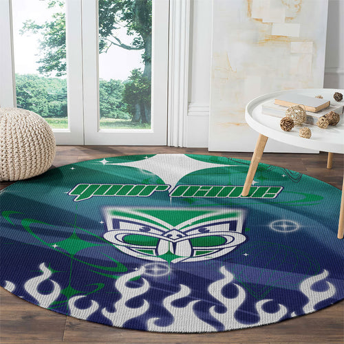 Personalized New Zealand Warriors Round Carpet Y2K Grunge Aesthetic With Cyber Flames and Starburst Graphics