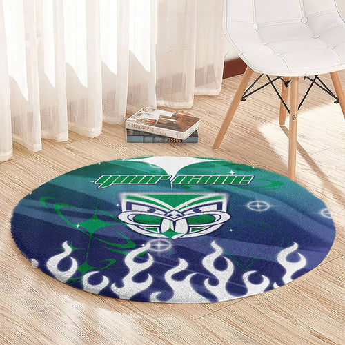 Personalized New Zealand Warriors Round Carpet Y2K Grunge Aesthetic With Cyber Flames and Starburst Graphics