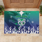 Personalized New Zealand Warriors Rubber Doormat Y2K Grunge Aesthetic With Cyber Flames and Starburst Graphics