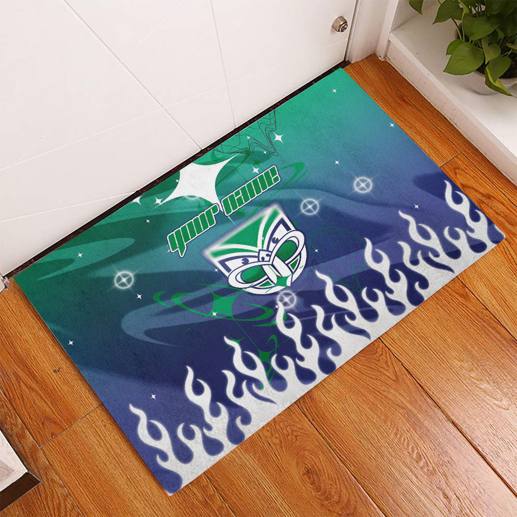 Personalized New Zealand Warriors Rubber Doormat Y2K Grunge Aesthetic With Cyber Flames and Starburst Graphics