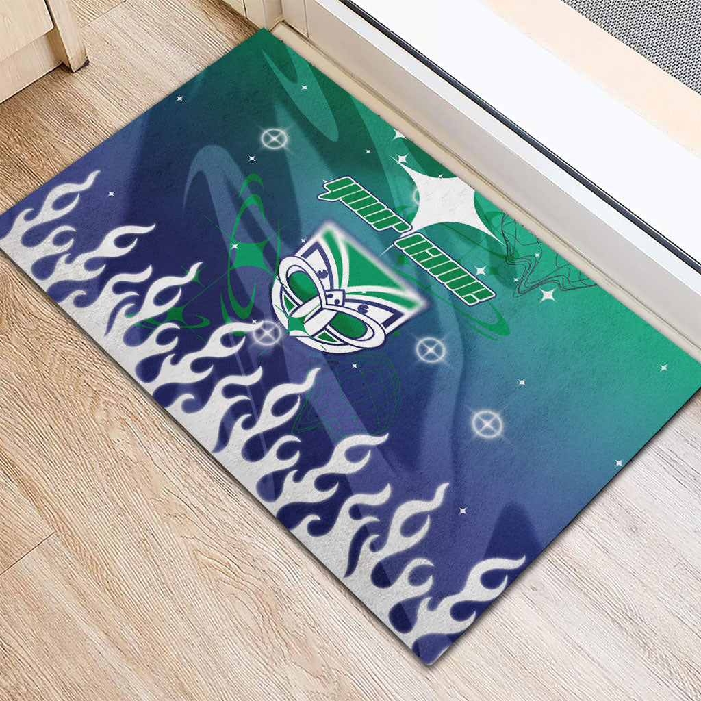 Personalized New Zealand Warriors Rubber Doormat Y2K Grunge Aesthetic With Cyber Flames and Starburst Graphics