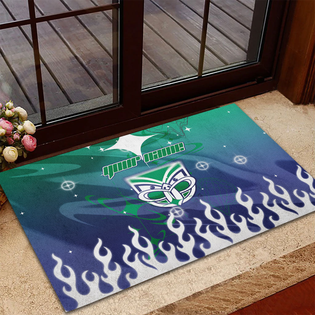 Personalized New Zealand Warriors Rubber Doormat Y2K Grunge Aesthetic With Cyber Flames and Starburst Graphics